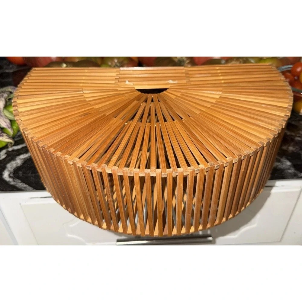 Vintage Boho 1960's 1970's Half Moon Wood Woven Hippie Core Clutch Handbag